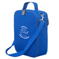 Harlequin lunch bag in  colour front side angle displaying carry handle, durable water repellent material with Pingelly Primary School logo
