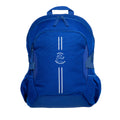 Royal Harlequin Quantum Bag front view with two compartments with zip closure, light reflectors on the front pocket and adjustable straps and bottle holder on the sides of the bag and Pingelly Primary School logo