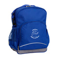 Pingelly Primary School front angle view of the Kindy Backpack in colour  Royal Blue featuring a small front pocket, spacious main compartment with D-ring keychain, detachable shoulder strap, mesh water bottle pocket, and reflective piping for visibility