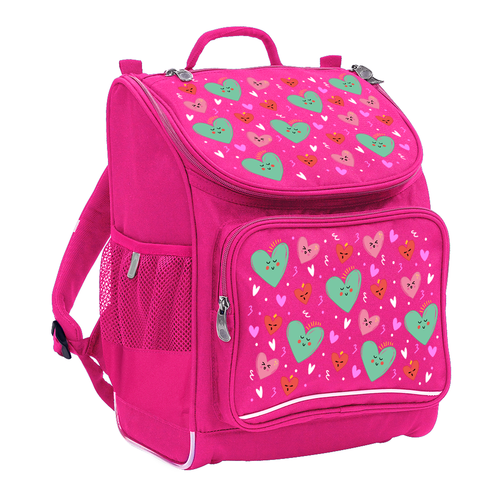 Harlequin Mighty Tuff-Pack Backpack in Pink with the Sweet Hearts design from the Harlequin Creatix signature series. Front side angle displaying carry handle, padded shoulder straps, top zipper compartment, front zipper pocket and mesh water bottle holder.