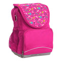 Harlequin Ergo Tuff-Pack backpack in Pink with Pixel Chick design from the Harlequin Creatix signature series. Front side angle, padded shoulder straps, two zipper compartments, front zipper pocket, D-Ring and mesh water bottle.