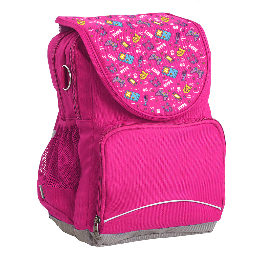 Harlequin Ergo Tuff-Pack backpack in Pink with Pixel Chick design from the Harlequin Creatix signature series. Front side angle, padded shoulder straps, two zipper compartments, front zipper pocket, D-Ring and mesh water bottle.