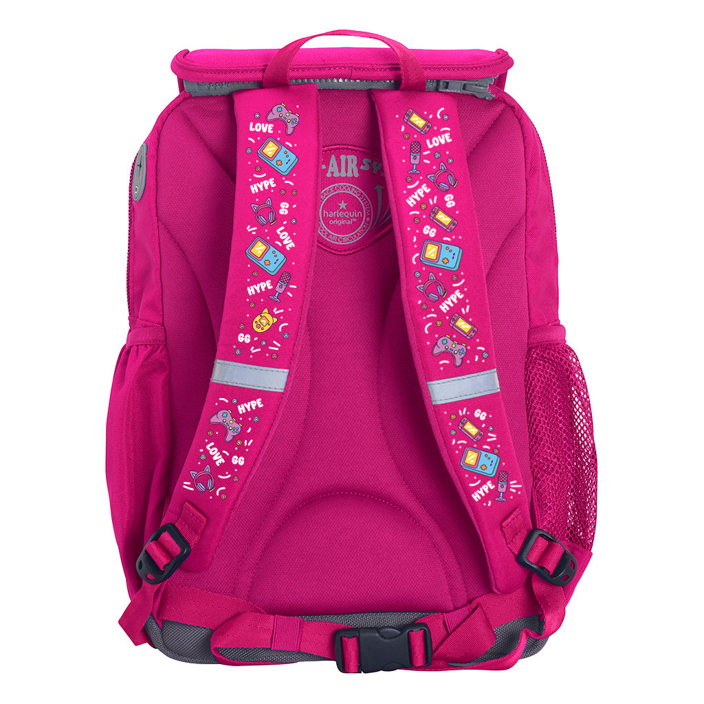 Harlequin Ergo Tuff-Pack backpack in Pink with Pixel Chick design from the Harlequin Creatix signature series. Back view showcasing the Anatomic back panel, padded shoulder straps and waist strap.