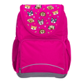 Harlequin Ergo Tuff-Pack backpack in Pink with Puppy Pals design from the Harlequin Creatix signature series. Front view showcasing two zipper compartments, reflective piping, front zipper pocket and front of flap.