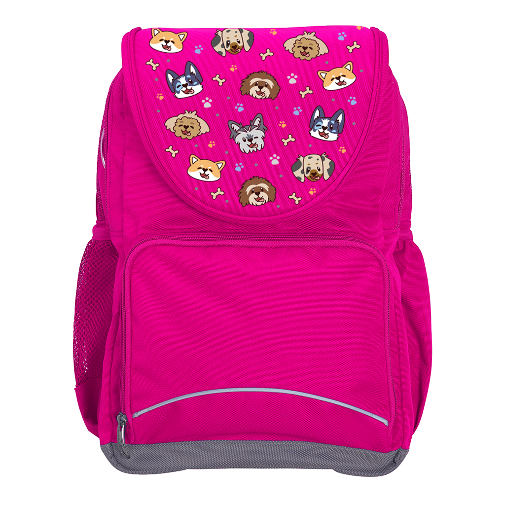 Harlequin Ergo Tuff-Pack backpack in Pink with Puppy Pals design from the Harlequin Creatix signature series. Front view showcasing two zipper compartments, reflective piping, front zipper pocket and front of flap.