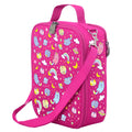 Harlequin Large Lunch bag in Pink with Kittycorn design from the Harlequin Creatix Signature Series. Front angle view displaying top handle, quality zippers and D-Rings with additional shoulder strap.