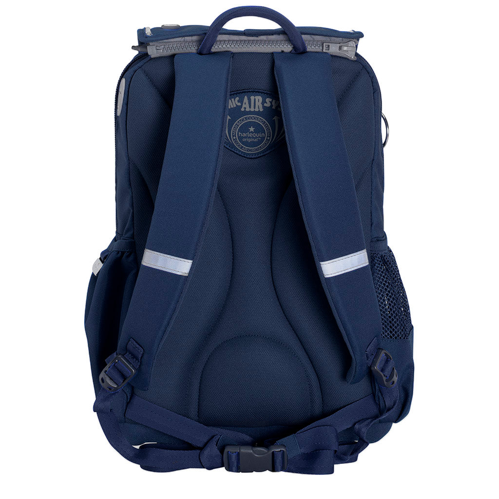 Harlequin Posture Tuff-pack in navy back angle displaying detachable flap, thick padded shoulder straps, waist strap, padded back support
