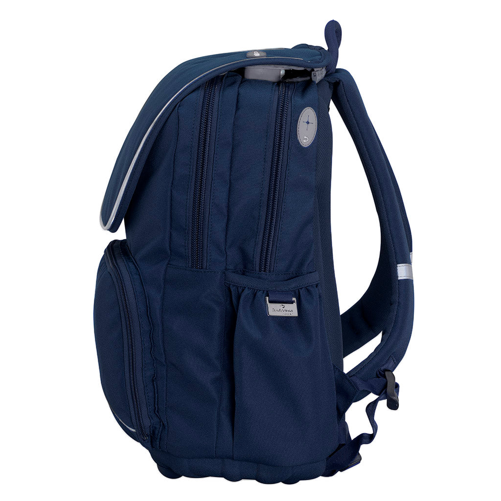 Harlequin Posture Tuff-pack in navy side angle displaying detachable flap, two top seperate compartments, front pocket, D-ring, water bottle holder and head phone hole