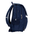 Harlequin Posture Tuff-pack in navy side angle displaying detachable flap, two top seperate compartments, front pocket, D-ring and mesh water bottle holder