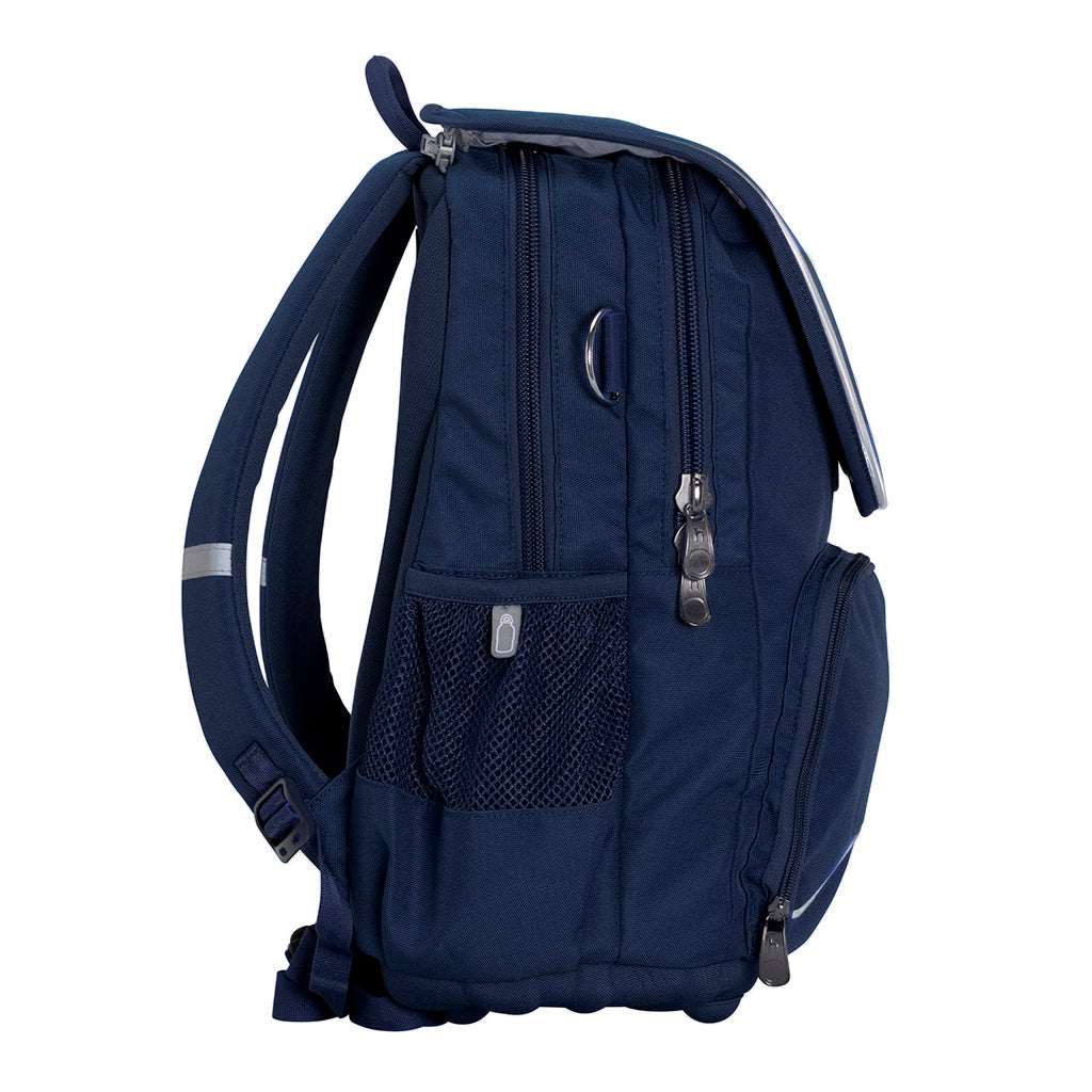 Harlequin Posture Tuff-pack in navy side angle displaying detachable flap, two top seperate compartments, front pocket, D-ring and mesh water bottle holder