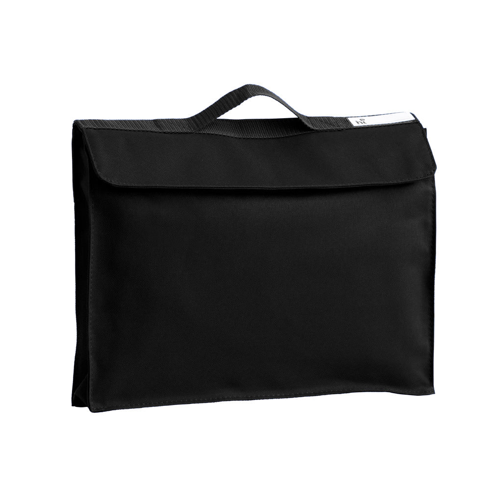 Harlequin Premier Library Bag in Black displaying carry handle and velcro pocket opening 