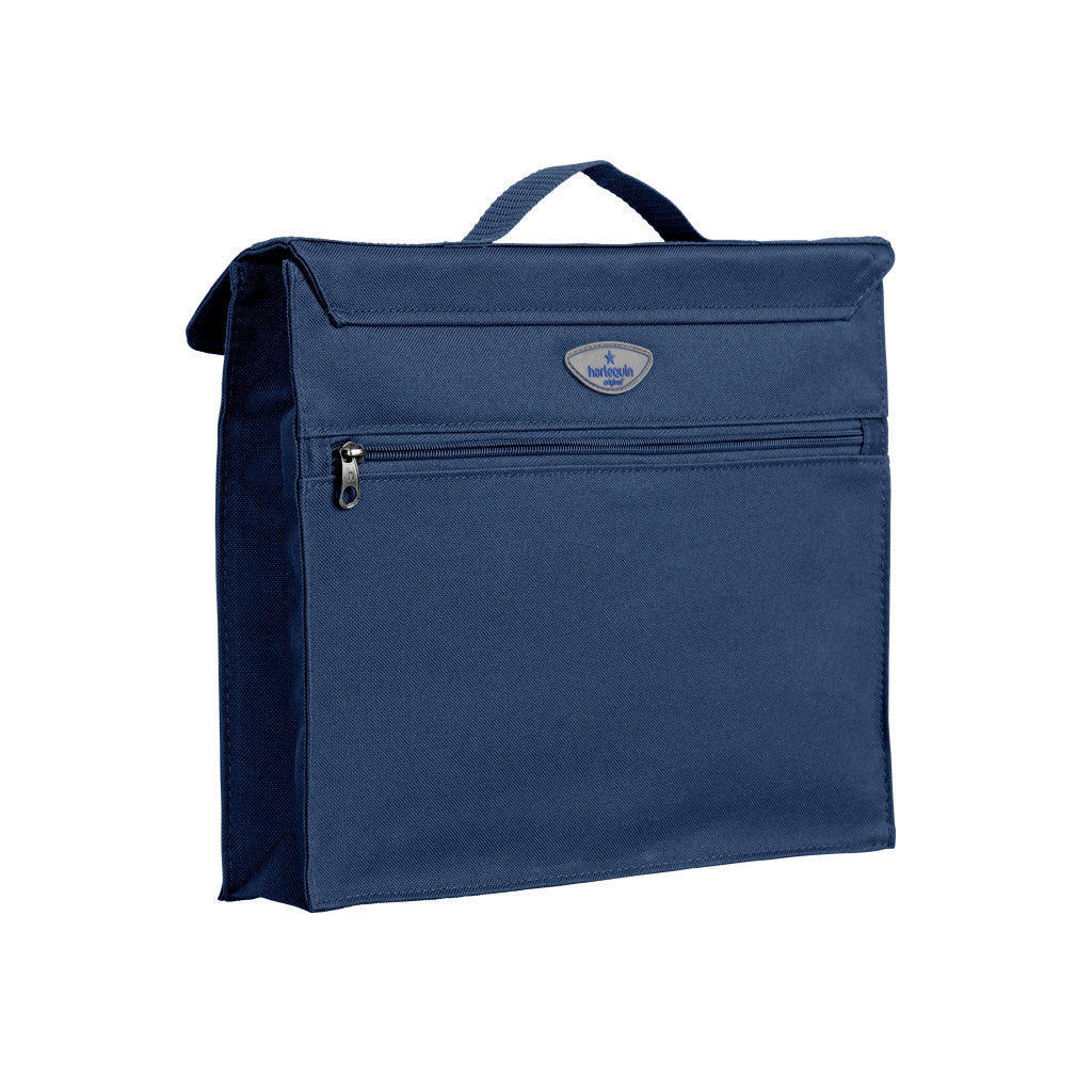 Back view of the Harlequin Premier Library Bag in Navy displaying carry handle and velcro pocket opening 