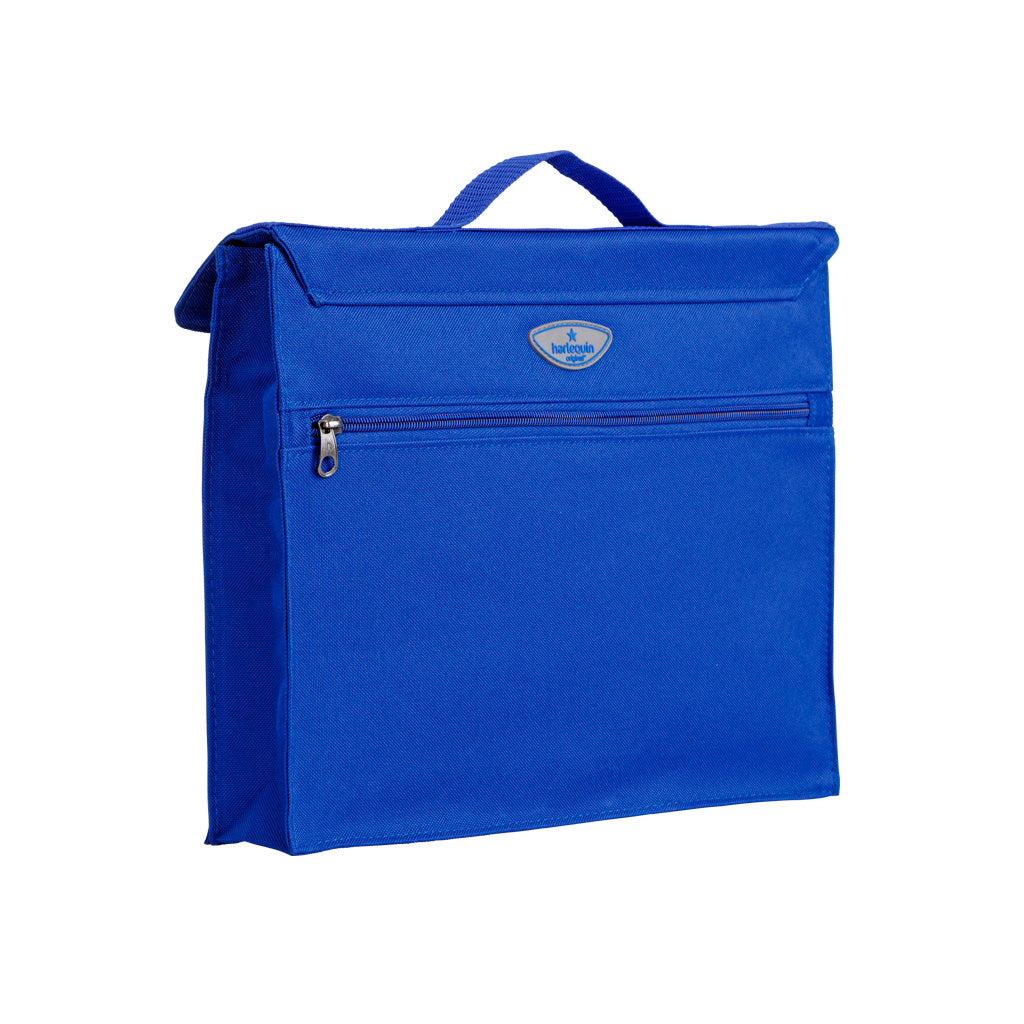 Back view of the Harlequin Premier Library Bag in Royal displaying carry handle and zip pocket