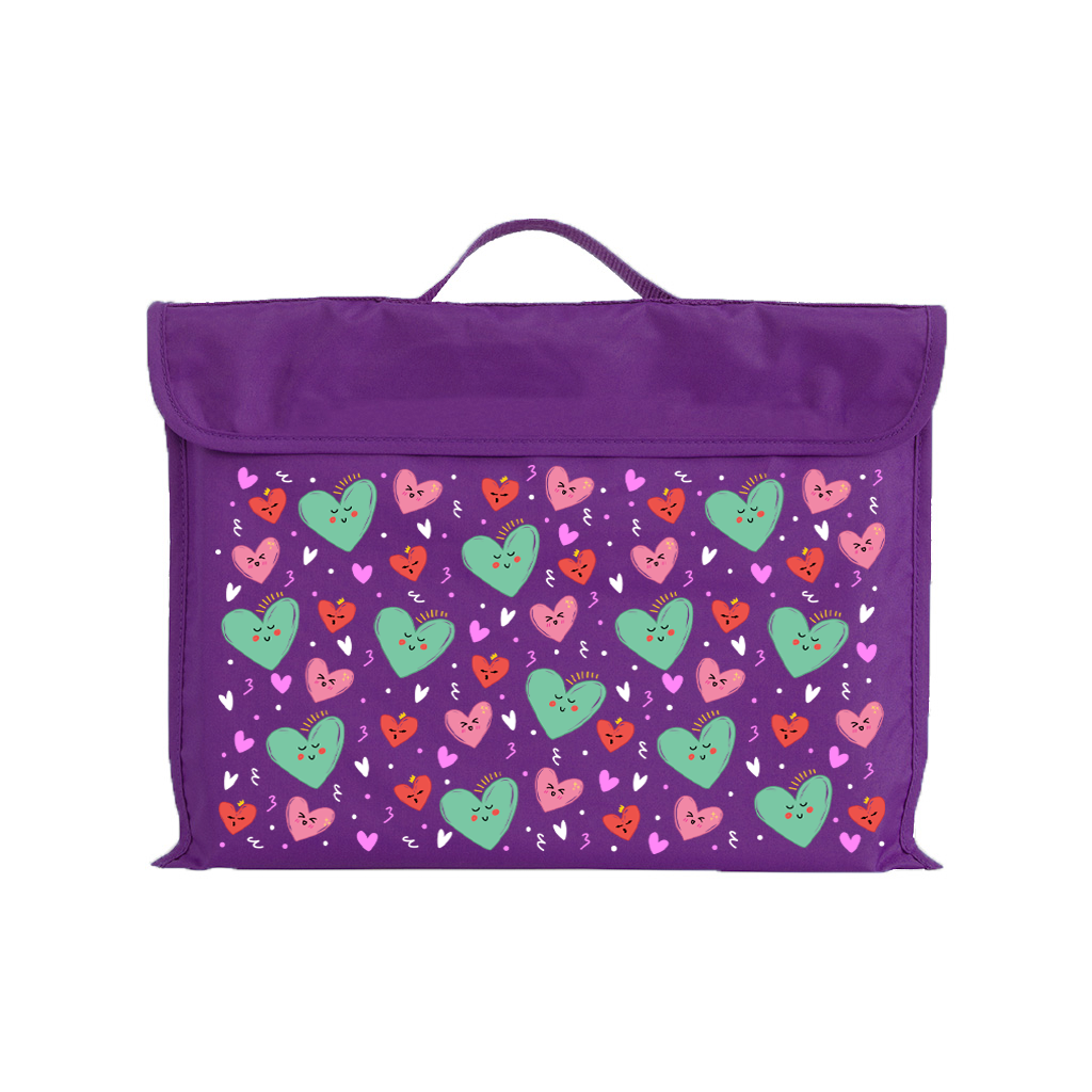 Harlequin Eco Library bag in Purple with Sweet Hearts design from the Harlequin Creatix Signature Series. Front view displaying carry handle, velcro flap opening, and PET recycled water repellent fabric.