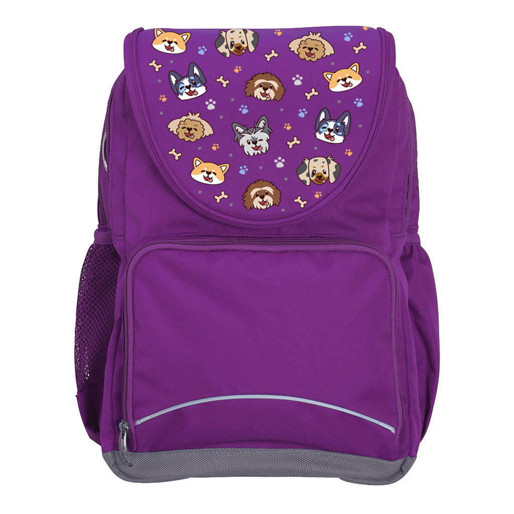 Harlequin Ergo Tuff-Pack backpack in Purple with Puppy Pals design from the Harlequin Creatix signature series. Front view showcasing two zipper compartments, reflective piping, front zipper pocket and front of flap.