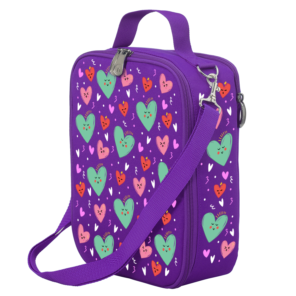Harlequin Large Lunch bag in Purple with Sweet Hearts design from the Harlequin Creatix Signature Series. Front angle view displaying top handle, quality zippers and D-Rings with additional shoulder strap.