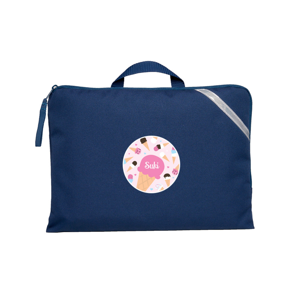 Q Book Bag in Navy with handle, reflective strip and zipper pull, personalised with a pink ice cream design