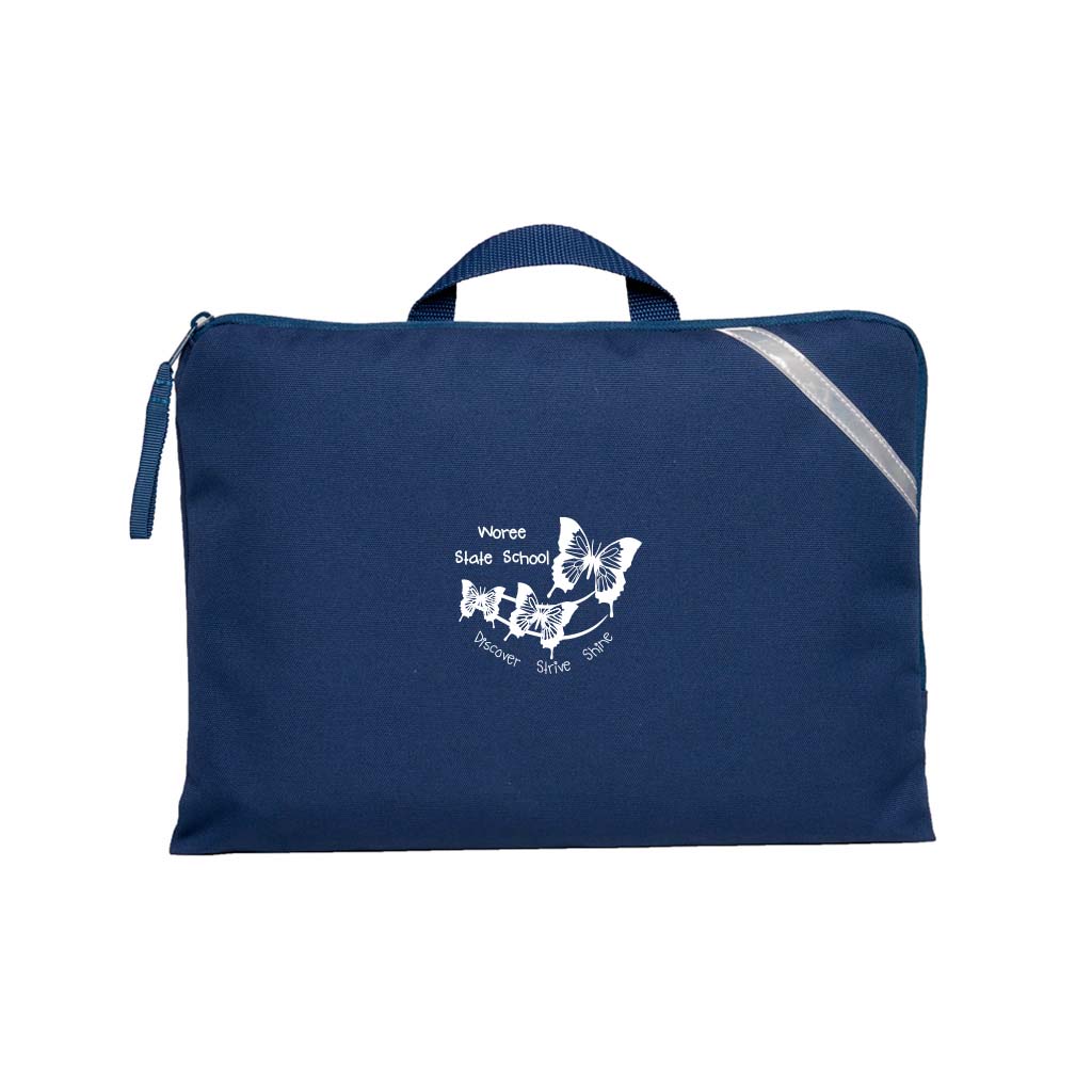  Navy Q Book Bag, with single zip opening, handle and reflective strips and Woree State Primary School logo