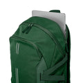 Bottle Green Harlequin Quantum Bag angled view with two compartments with zip closure, light reflectors on the front pocket and adjustable straps and hidden laptop pocket
