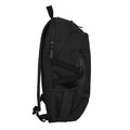 Side view Quantum Backpack in black with laptop pocket , reflective stripes and side pockets