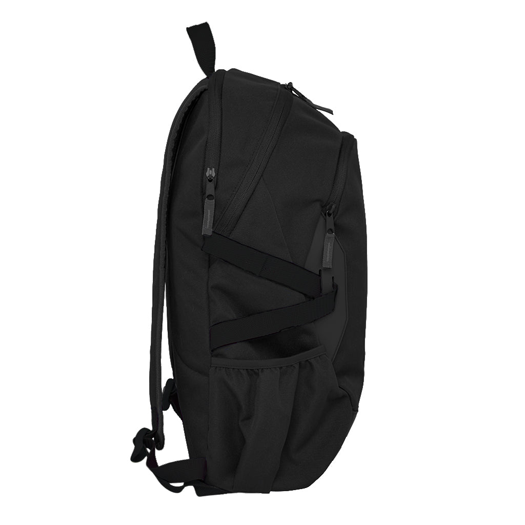 Side view Quantum Backpack in black with laptop pocket , reflective stripes and side pockets
