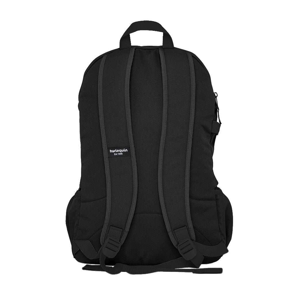 Back view Quantum Backpack in black with laptop pocket , reflective stripes and side pockets