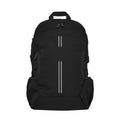 Black Harlequin Quantum Bag front view with two compartments with zip closure, light reflectors on the front pocket and adjustable straps and bottle holder on the sides of the bag and Maroochydore State High School logo