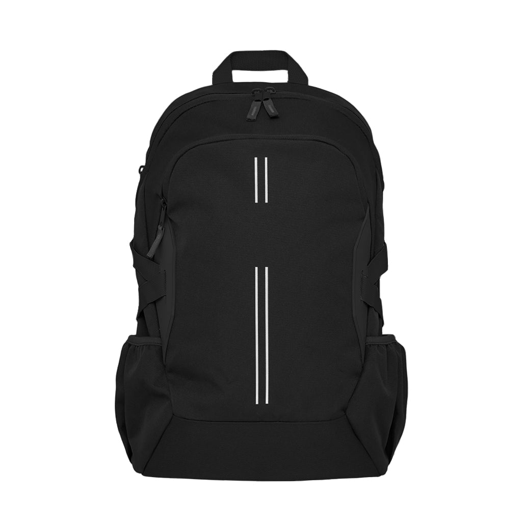 Black Harlequin Quantum Bag front view with two compartments with zip closure, light reflectors on the front pocket and adjustable straps and bottle holder on the sides of the bag and Maroochydore State High School logo
