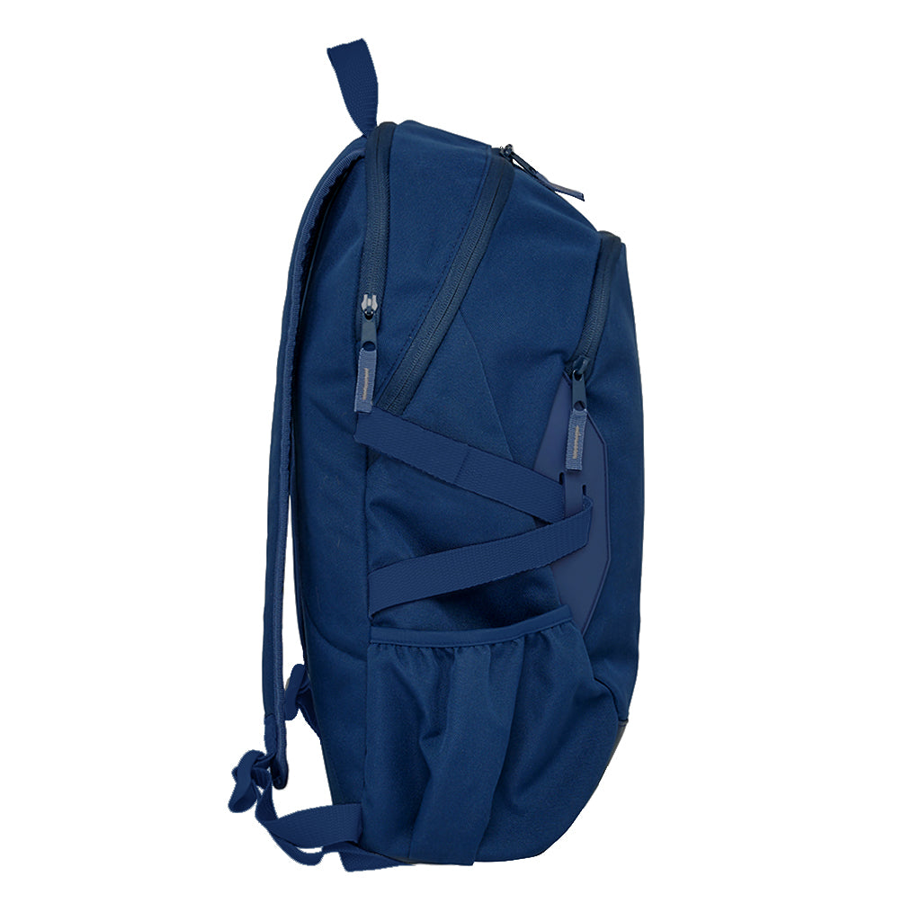 Navy Harlequin Quantum Bag angled view with two compartments with zip closure, light reflectors on the front pocket and adjustable straps and bottle holder on the sides of the bag.