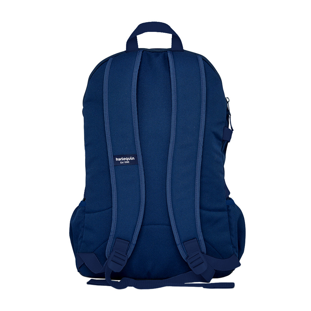Navy Harlequin Quantum Bag back view with two compartments with zip closure and padded back with adjustable shoulder straps