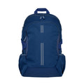 Navy Harlequin Quantum Bag front view with two compartments with zip closure, light reflectors on the front pocket and adjustable straps and bottle holder on the sides of the bag.