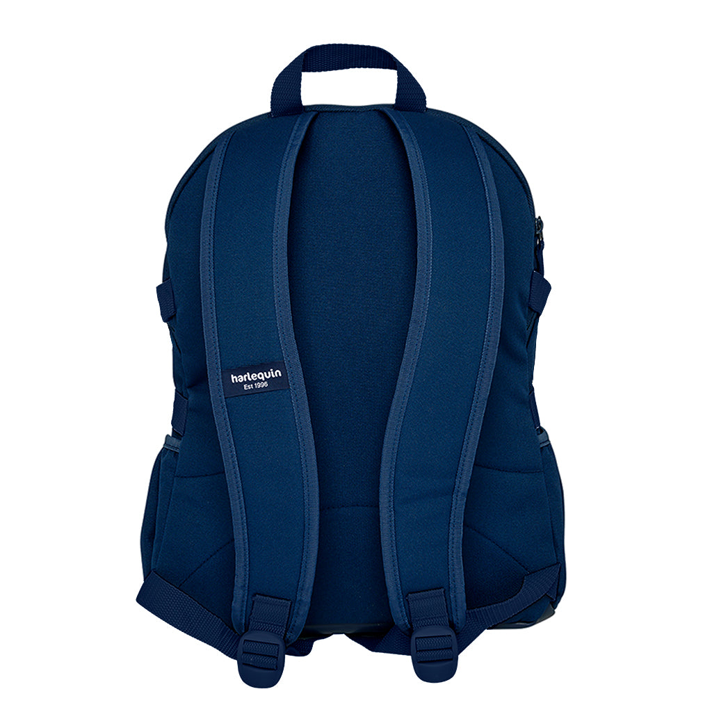 Navy Harlequin Quantum Bag back view with two compartments with zip closure and padded back with adjustable shoulder straps