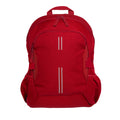 Red Harlequin Quantum Bag front view with two compartments with zip closure, light reflectors on the front pocket and adjustable straps and bottle holder on the sides of the bag.