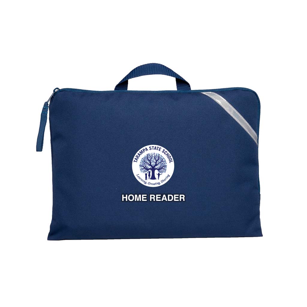 Navy Q Book Bag, with single zip opening, handle and reflective strips and Tarampa State School logo
