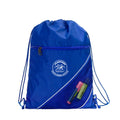 Harlequin royal eco sprint bag displaying drawstring opening, top zipper, external zippered pocket, and d-ring trinket holder