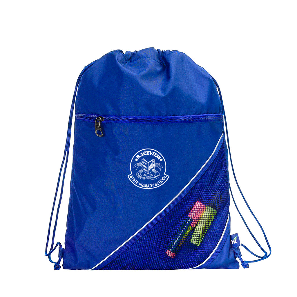 Harlequin royal eco sprint bag displaying drawstring opening, top zipper, external zippered pocket, and d-ring trinket holder