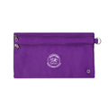 Harlequin purple pencil case front angle displaying two zip compartments and D-ring with Raceview State School logo