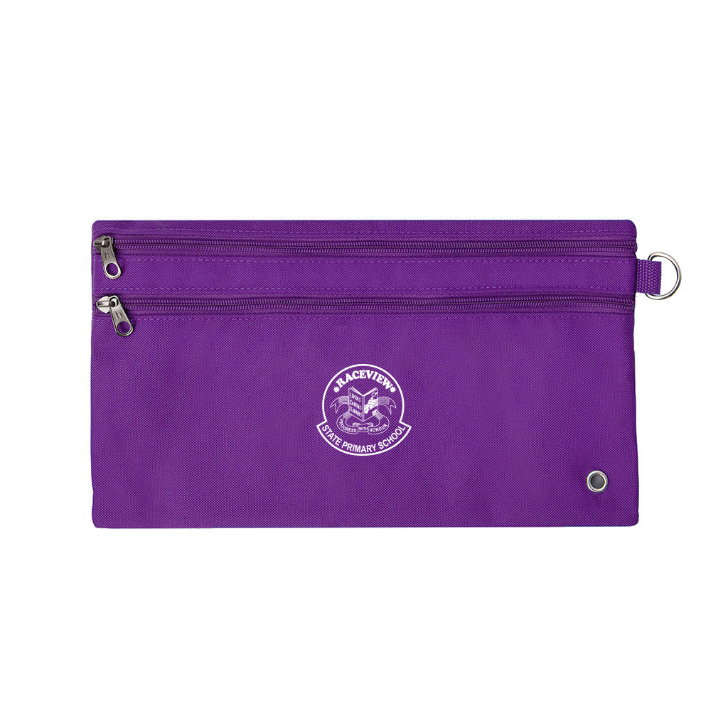 Harlequin purple pencil case front angle displaying two zip compartments and D-ring with Raceview State School logo