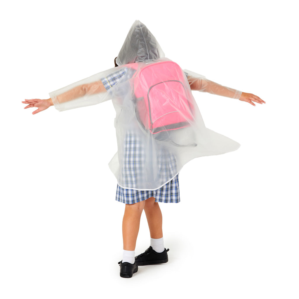 Back view of High quality transparent Raincoat made of soft waterproof EVA material