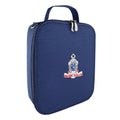 Harlequin lunch bag in navy colour front side angle displaying carry handle, durable water repellent material with Rangeville State School logo
