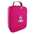 Harlequin lunch bag in pink colour front side angle displaying carry handle, durable water repellent material with Rangeville State School logo