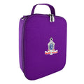 Harlequin lunch bag in purple colour front side angle displaying carry handle, durable water repellent material with Rangeville State School logo