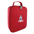 Harlequin lunch bag in red colour front side angle displaying carry handle, durable water repellent material with Rangeville State School logo