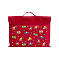 Harlequin Eco Library bag in Red with Jumbo Trucks design from the Harlequin Creatix Signature Series. Front view displaying carry handle, velcro flap opening, and PET recycled water repellent fabric.