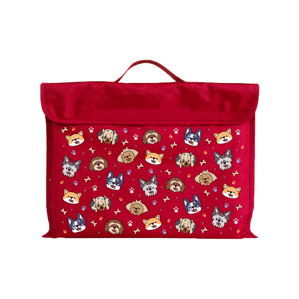Harlequin Eco Library bag in Red with Puppy Pals design from the Harlequin Creatix Signature Series. Front view displaying carry handle, velcro flap opening, and PET recycled water repellent fabric.