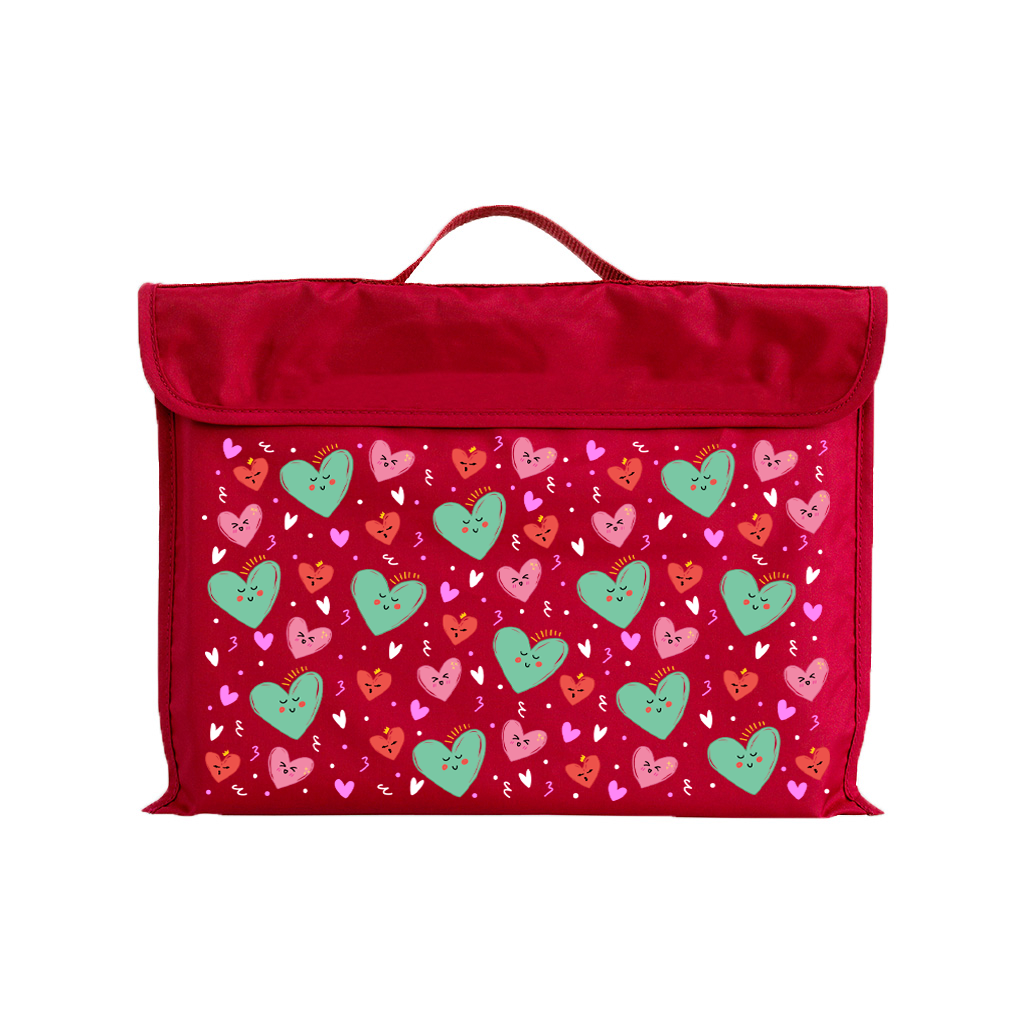 Harlequin Eco Library bag in Red with Sweet Hearts design from the Harlequin Creatix Signature Series. Front view displaying carry handle, velcro flap opening, and PET recycled water repellent fabric.