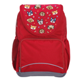 Harlequin Ergo Tuff-Pack backpack in Red with Puppy Pals design from the Harlequin Creatix signature series. Front view showcasing two zipper compartments, reflective piping, front zipper pocket and front of flap.