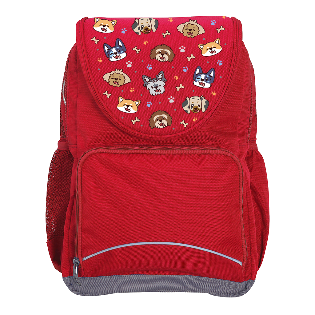 Harlequin Ergo Tuff-Pack backpack in Red with Puppy Pals design from the Harlequin Creatix signature series. Front view showcasing two zipper compartments, reflective piping, front zipper pocket and front of flap.