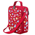 Harlequin Large Lunch bag in Red with Kittycorn design from the Harlequin Creatix Signature Series. Front angle view displaying top handle, quality zippers and D-Rings with additional shoulder strap.