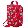 Harlequin Large Lunch bag in Red with Sweet Hearts design from the Harlequin Creatix Signature Series. Front angle view displaying top handle, quality zippers and D-Rings with additional shoulder strap.